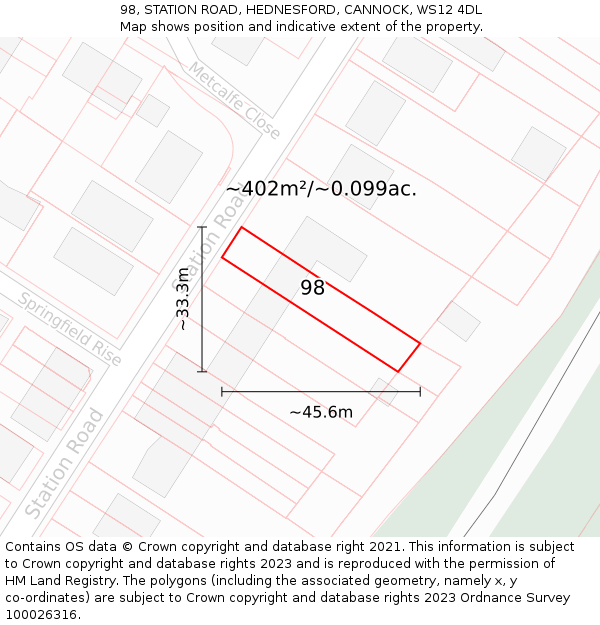 98, STATION ROAD, HEDNESFORD, CANNOCK, WS12 4DL: Plot and title map