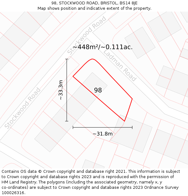 98, STOCKWOOD ROAD, BRISTOL, BS14 8JE: Plot and title map