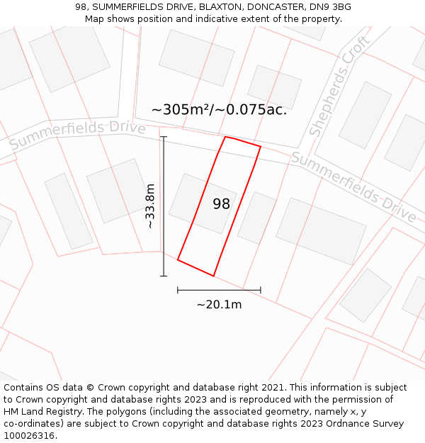98, SUMMERFIELDS DRIVE, BLAXTON, DONCASTER, DN9 3BG: Plot and title map