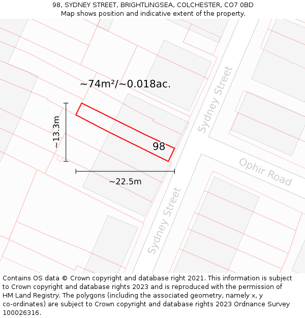 98, SYDNEY STREET, BRIGHTLINGSEA, COLCHESTER, CO7 0BD: Plot and title map