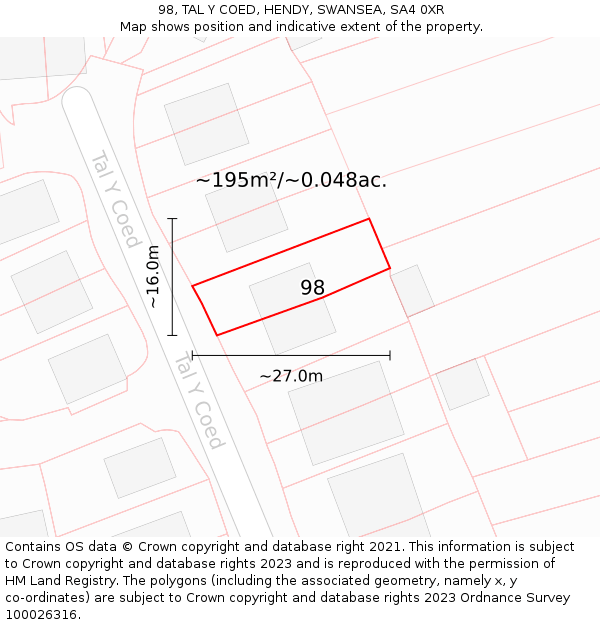 98, TAL Y COED, HENDY, SWANSEA, SA4 0XR: Plot and title map