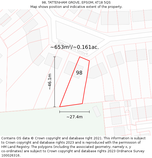 98, TATTENHAM GROVE, EPSOM, KT18 5QS: Plot and title map