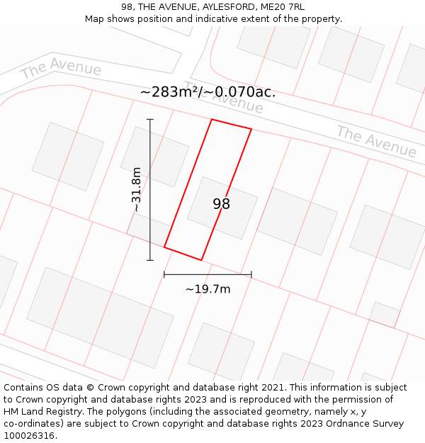 98, THE AVENUE, AYLESFORD, ME20 7RL: Plot and title map