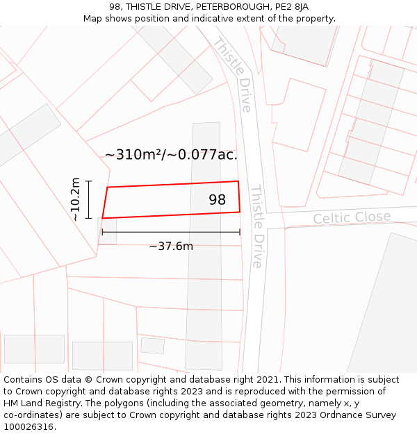 98, THISTLE DRIVE, PETERBOROUGH, PE2 8JA: Plot and title map