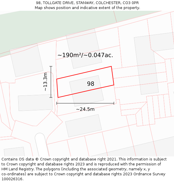 98, TOLLGATE DRIVE, STANWAY, COLCHESTER, CO3 0PR: Plot and title map