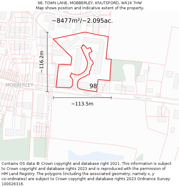 98, TOWN LANE, MOBBERLEY, KNUTSFORD, WA16 7HW: Plot and title map