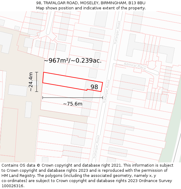 98, TRAFALGAR ROAD, MOSELEY, BIRMINGHAM, B13 8BU: Plot and title map