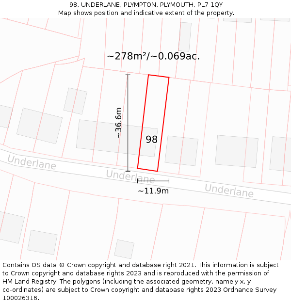 98, UNDERLANE, PLYMPTON, PLYMOUTH, PL7 1QY: Plot and title map