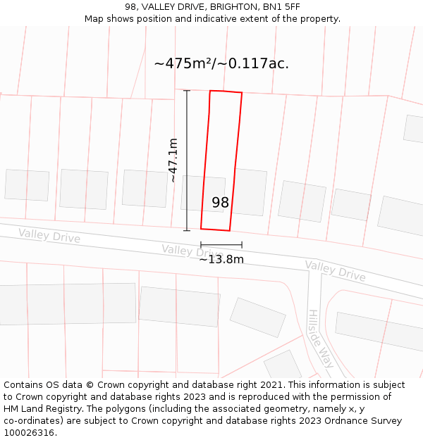 98, VALLEY DRIVE, BRIGHTON, BN1 5FF: Plot and title map