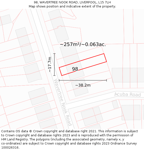 98, WAVERTREE NOOK ROAD, LIVERPOOL, L15 7LH: Plot and title map