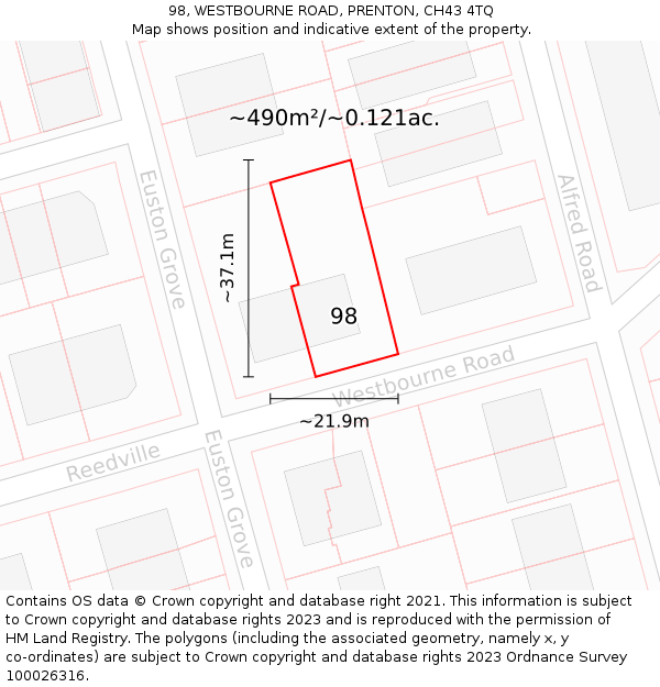 98, WESTBOURNE ROAD, PRENTON, CH43 4TQ: Plot and title map