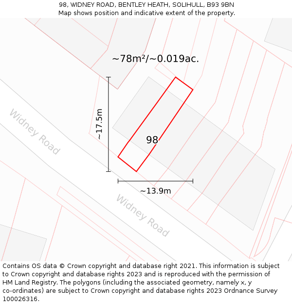 98, WIDNEY ROAD, BENTLEY HEATH, SOLIHULL, B93 9BN: Plot and title map