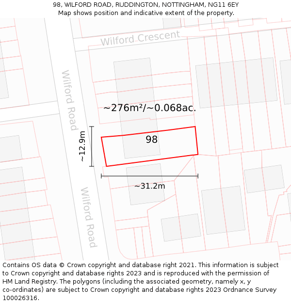 98, WILFORD ROAD, RUDDINGTON, NOTTINGHAM, NG11 6EY: Plot and title map