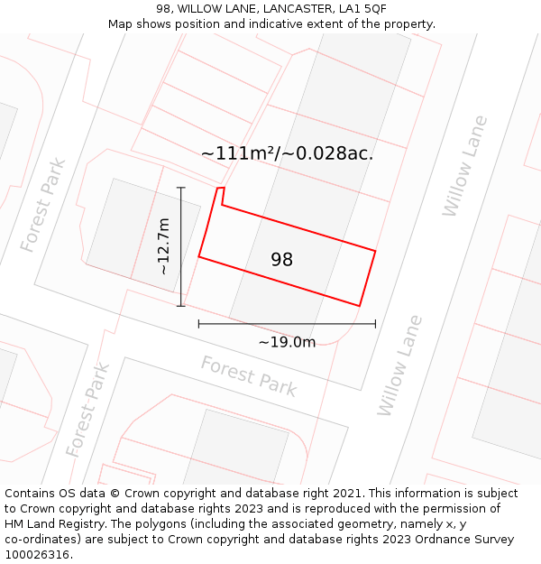 98, WILLOW LANE, LANCASTER, LA1 5QF: Plot and title map