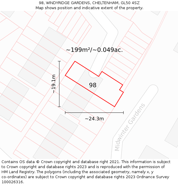 98, WINDYRIDGE GARDENS, CHELTENHAM, GL50 4SZ: Plot and title map