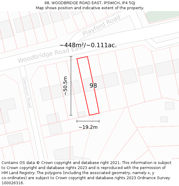 98, WOODBRIDGE ROAD EAST, IPSWICH, IP4 5QJ: Plot and title map