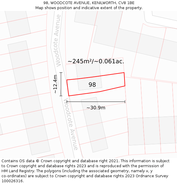 98, WOODCOTE AVENUE, KENILWORTH, CV8 1BE: Plot and title map