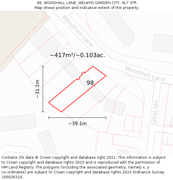 98, WOODHALL LANE, WELWYN GARDEN CITY, AL7 3TR: Plot and title map