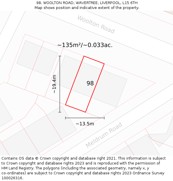 98, WOOLTON ROAD, WAVERTREE, LIVERPOOL, L15 6TH: Plot and title map