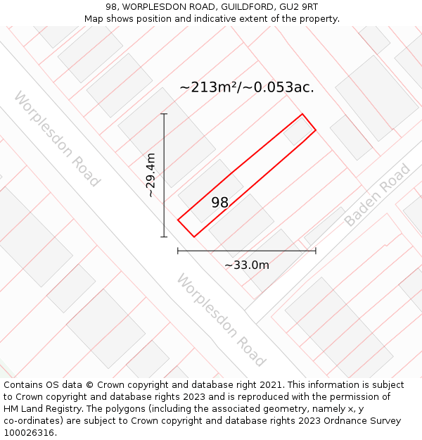 98, WORPLESDON ROAD, GUILDFORD, GU2 9RT: Plot and title map