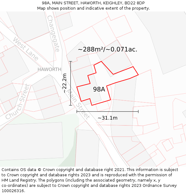 98A, MAIN STREET, HAWORTH, KEIGHLEY, BD22 8DP: Plot and title map