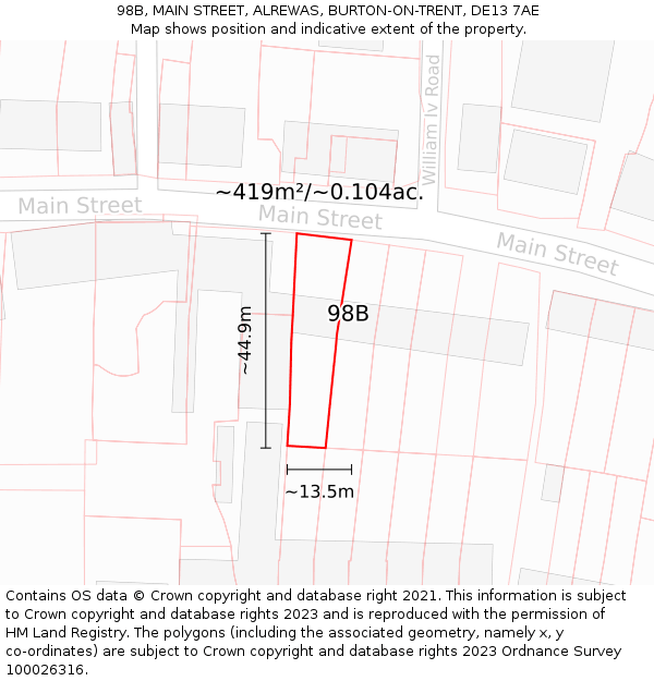 98B, MAIN STREET, ALREWAS, BURTON-ON-TRENT, DE13 7AE: Plot and title map