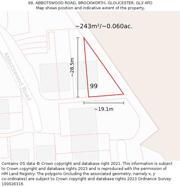 99, ABBOTSWOOD ROAD, BROCKWORTH, GLOUCESTER, GL3 4PD: Plot and title map