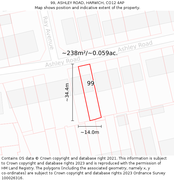 99, ASHLEY ROAD, HARWICH, CO12 4AP: Plot and title map