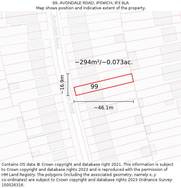 99, AVONDALE ROAD, IPSWICH, IP3 9LA: Plot and title map