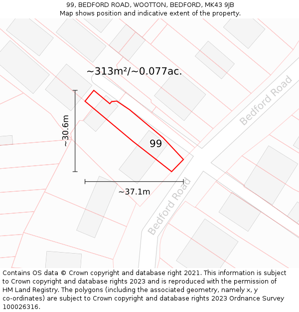 99, BEDFORD ROAD, WOOTTON, BEDFORD, MK43 9JB: Plot and title map