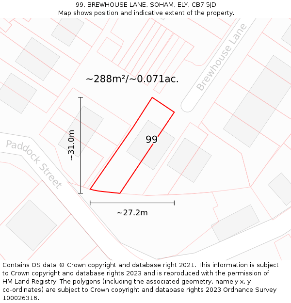 99, BREWHOUSE LANE, SOHAM, ELY, CB7 5JD: Plot and title map