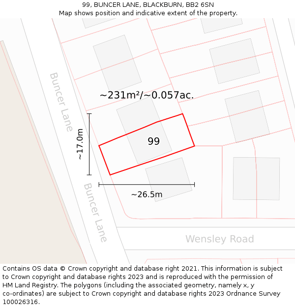 99, BUNCER LANE, BLACKBURN, BB2 6SN: Plot and title map