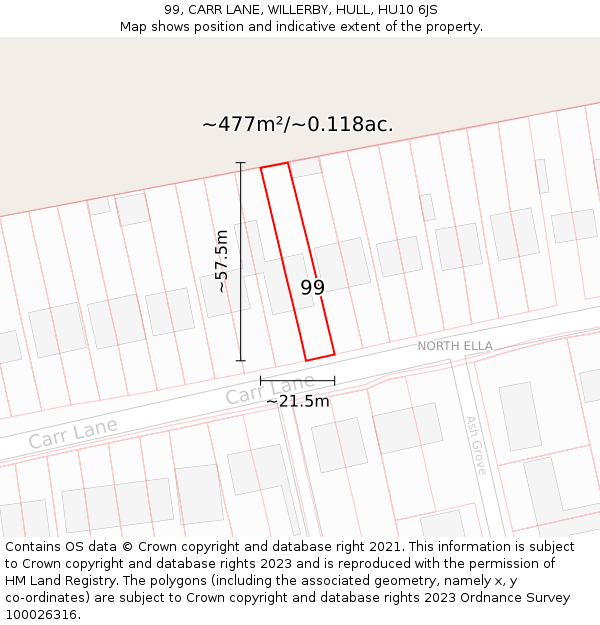 99, CARR LANE, WILLERBY, HULL, HU10 6JS: Plot and title map