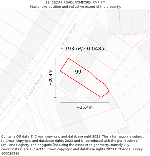 99, CEDAR ROAD, ROMFORD, RM7 7JT: Plot and title map