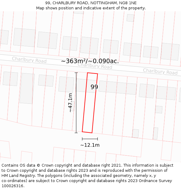 99, CHARLBURY ROAD, NOTTINGHAM, NG8 1NE: Plot and title map