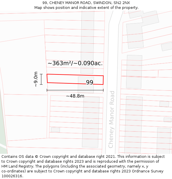 99, CHENEY MANOR ROAD, SWINDON, SN2 2NX: Plot and title map