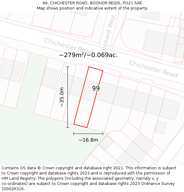 99, CHICHESTER ROAD, BOGNOR REGIS, PO21 5AE: Plot and title map