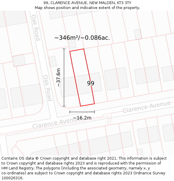 99, CLARENCE AVENUE, NEW MALDEN, KT3 3TY: Plot and title map