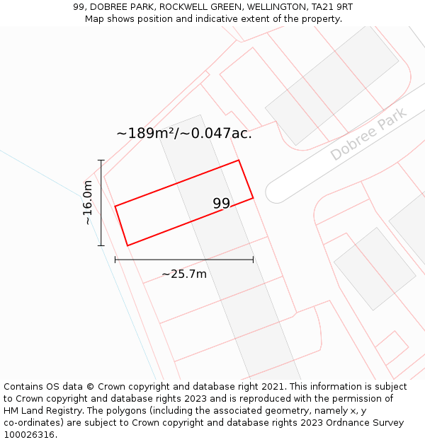 99, DOBREE PARK, ROCKWELL GREEN, WELLINGTON, TA21 9RT: Plot and title map