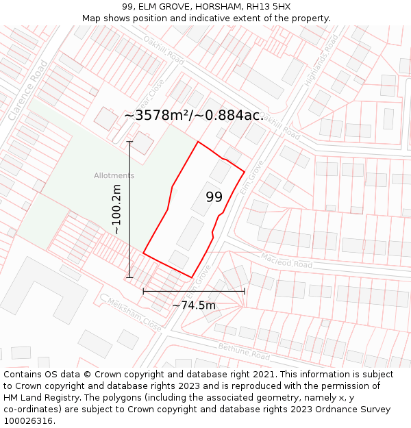 99, ELM GROVE, HORSHAM, RH13 5HX: Plot and title map