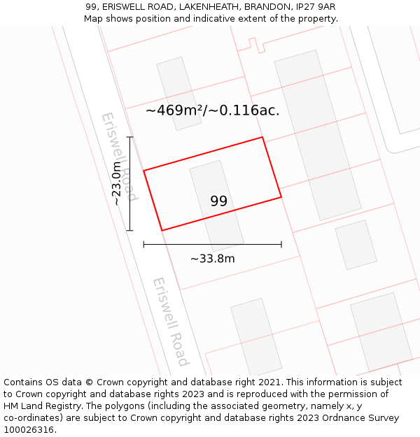 99, ERISWELL ROAD, LAKENHEATH, BRANDON, IP27 9AR: Plot and title map