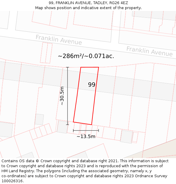 99, FRANKLIN AVENUE, TADLEY, RG26 4EZ: Plot and title map