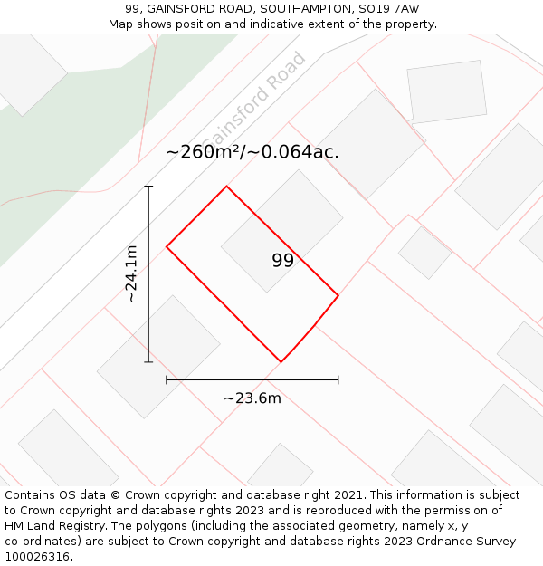 99, GAINSFORD ROAD, SOUTHAMPTON, SO19 7AW: Plot and title map