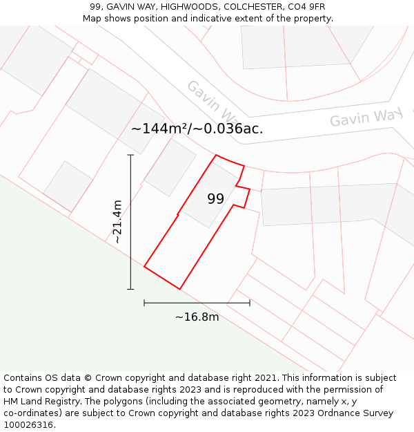 99, GAVIN WAY, HIGHWOODS, COLCHESTER, CO4 9FR: Plot and title map