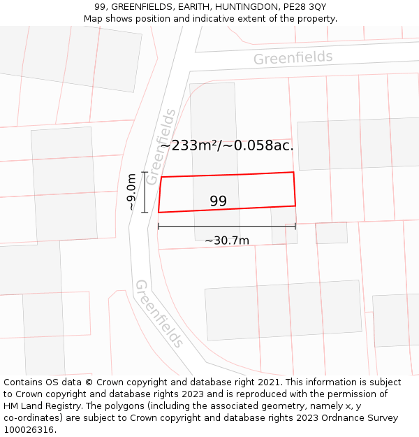 99, GREENFIELDS, EARITH, HUNTINGDON, PE28 3QY: Plot and title map