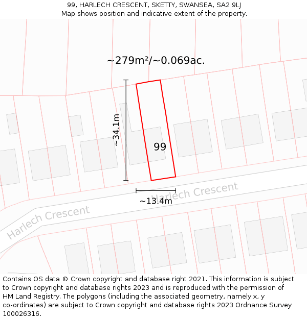 99, HARLECH CRESCENT, SKETTY, SWANSEA, SA2 9LJ: Plot and title map