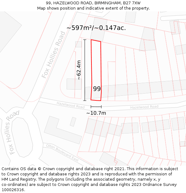 99, HAZELWOOD ROAD, BIRMINGHAM, B27 7XW: Plot and title map