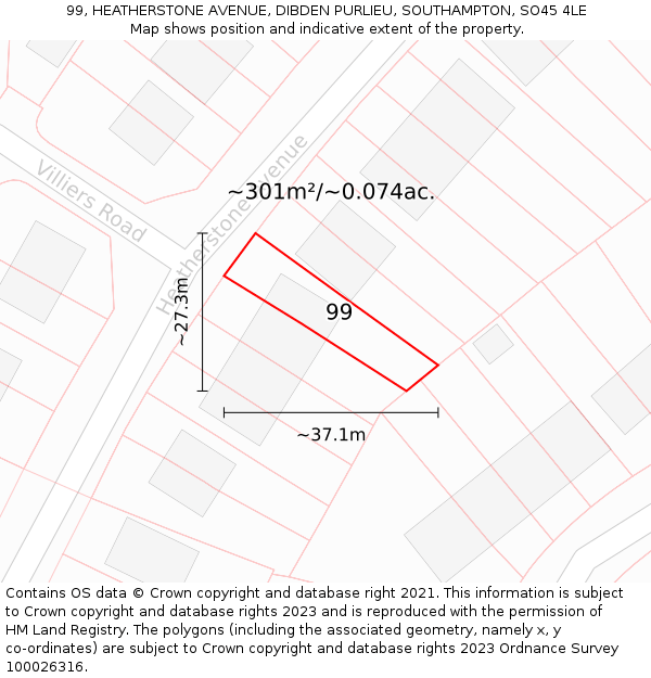 99, HEATHERSTONE AVENUE, DIBDEN PURLIEU, SOUTHAMPTON, SO45 4LE: Plot and title map