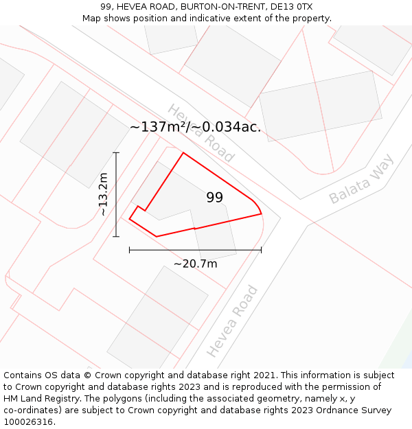 99, HEVEA ROAD, BURTON-ON-TRENT, DE13 0TX: Plot and title map