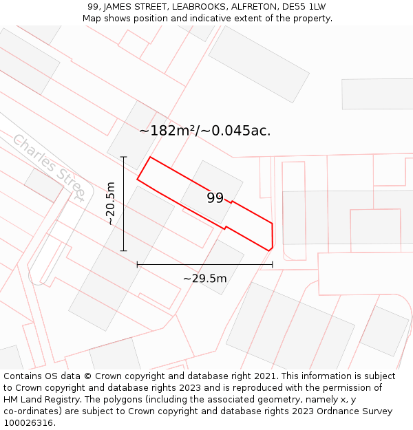 99, JAMES STREET, LEABROOKS, ALFRETON, DE55 1LW: Plot and title map